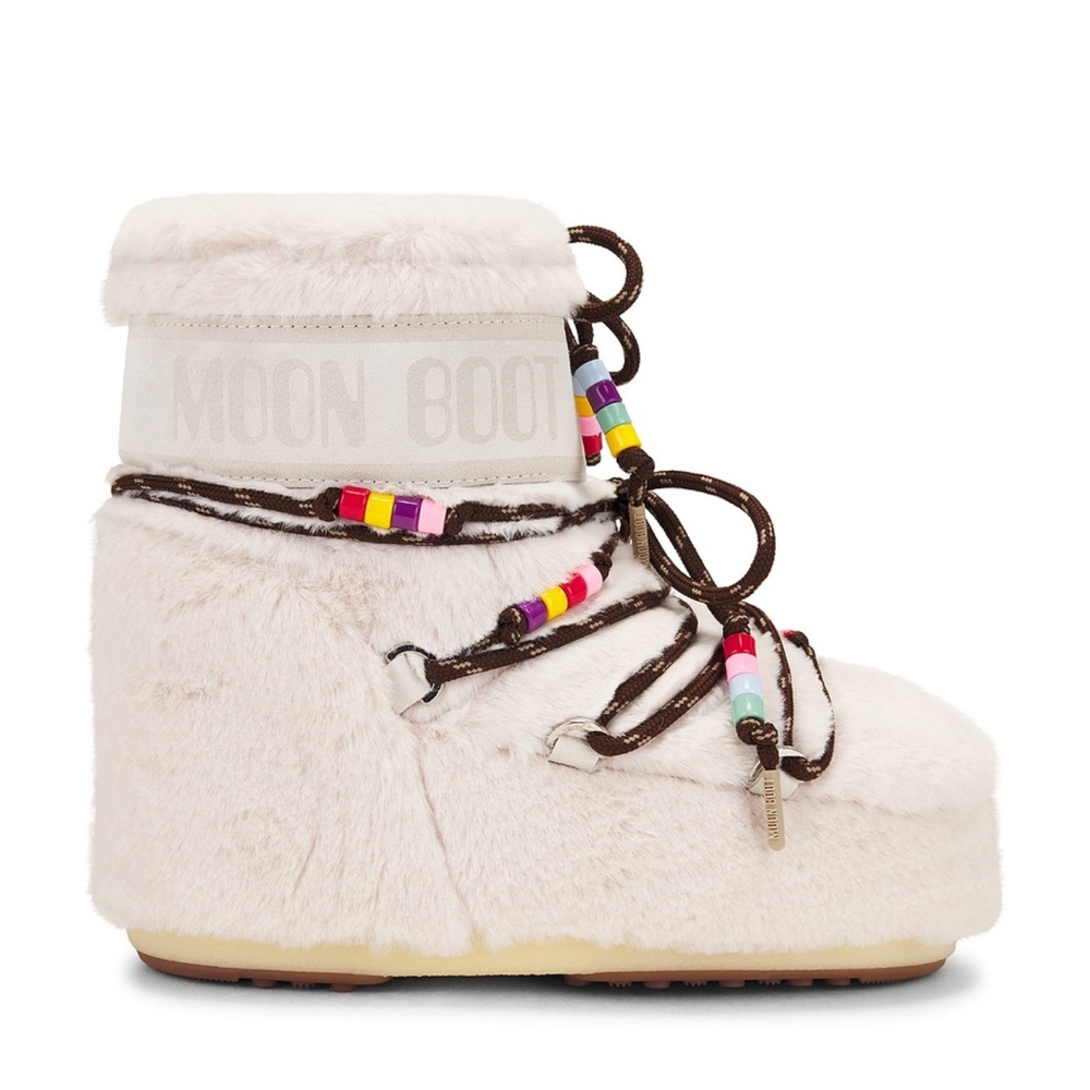 Moon Boot Beige Fur Boots with Colorful Beads